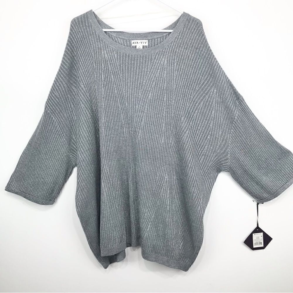 Ava & Viv Silver Metallic Shimmer Knit Pullover Sweater NEW
